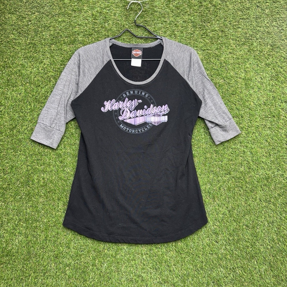 Harley Davidson Shirt Womens Large Black Gray Biker 3/4 Sleeve Raglan Round Neck